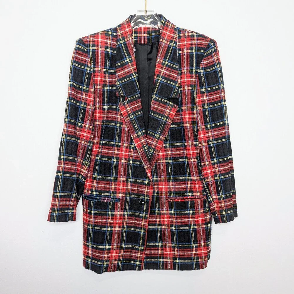 Worthington Vintage 70's Red Plaid Long Sleeve Blazer Pockets Single Button 8